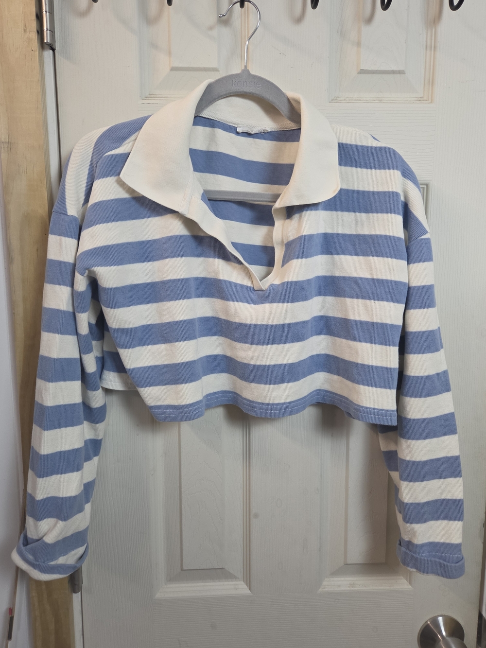 Blu Pepper White & Light Blue Striped Cropped Polo Sweater Top